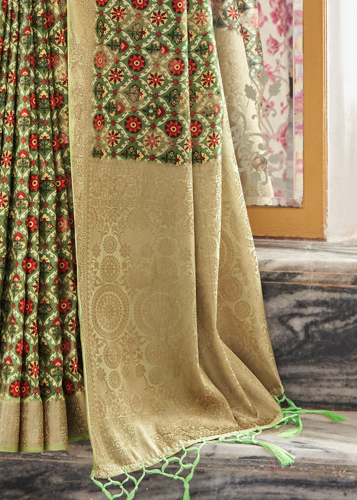 Digital Bagru Printed Metalic Green Cotton Silk Saree