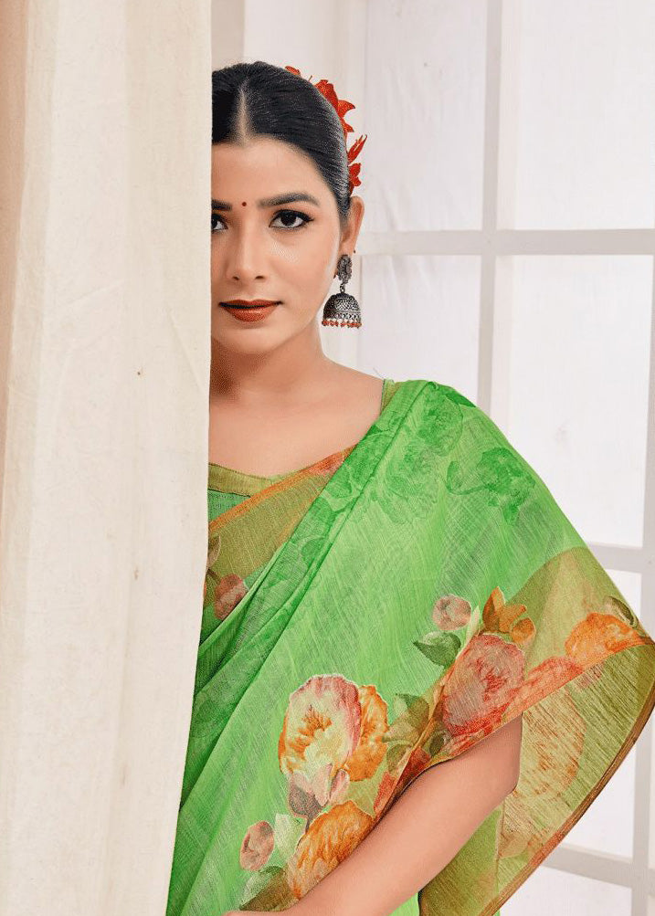 Beautiful Color Prints Bright Green Linen Dailywear Saree