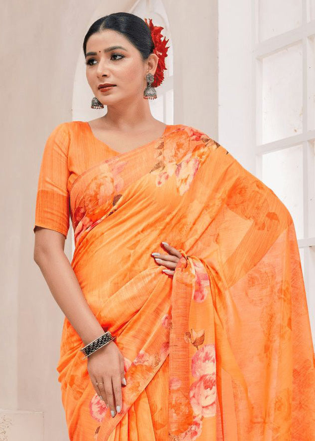 Beautiful Color Prints Orange Linen Dailywear Saree