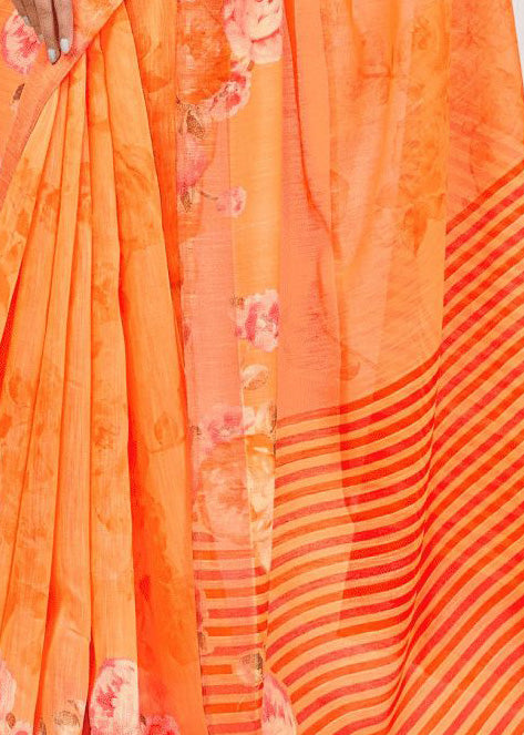 Beautiful Color Prints Orange Linen Dailywear Saree