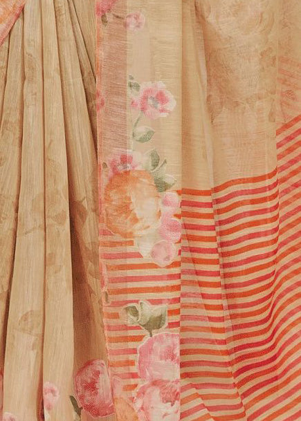 Beautiful Color Prints Beige Linen Dailywear Saree