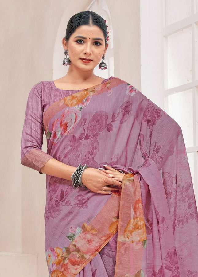Beautiful Color Prints Purple Linen Dailywear Saree