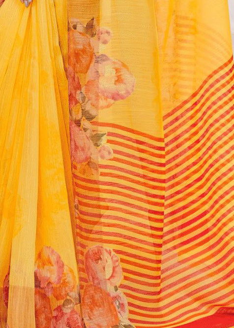 Beautiful Color Prints Yellow Linen Dailywear Saree