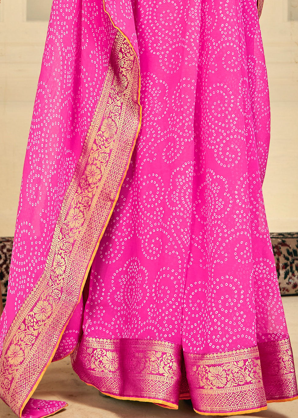 Polka Printed Pink Weightless Georgette Bandhej Saree