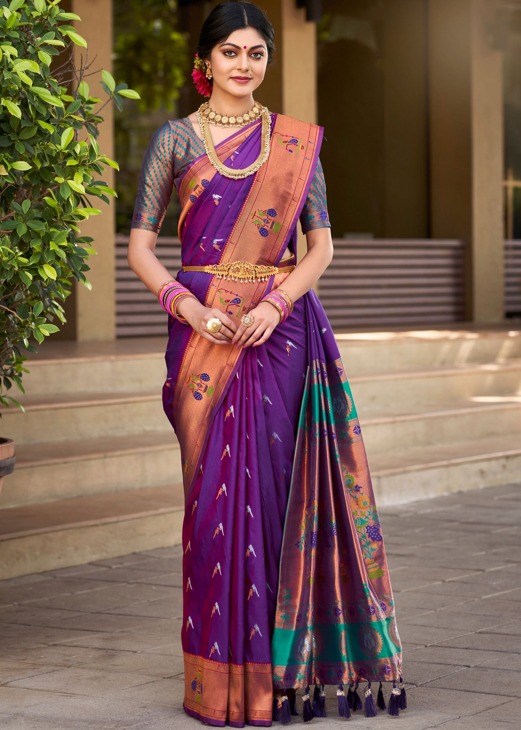 Buy Plum Purple Silk Saree With Blouse by Designer KORA Online at Ogaan.com