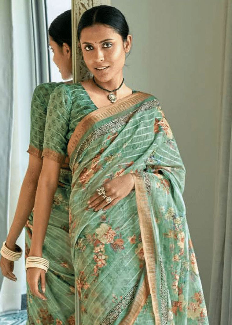 Pure Sequins Linen Weaving Bluish Green Digital Soft Saree