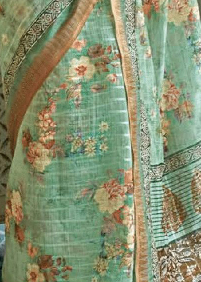 Pure Sequins Linen Weaving Bluish Green Digital Soft Saree