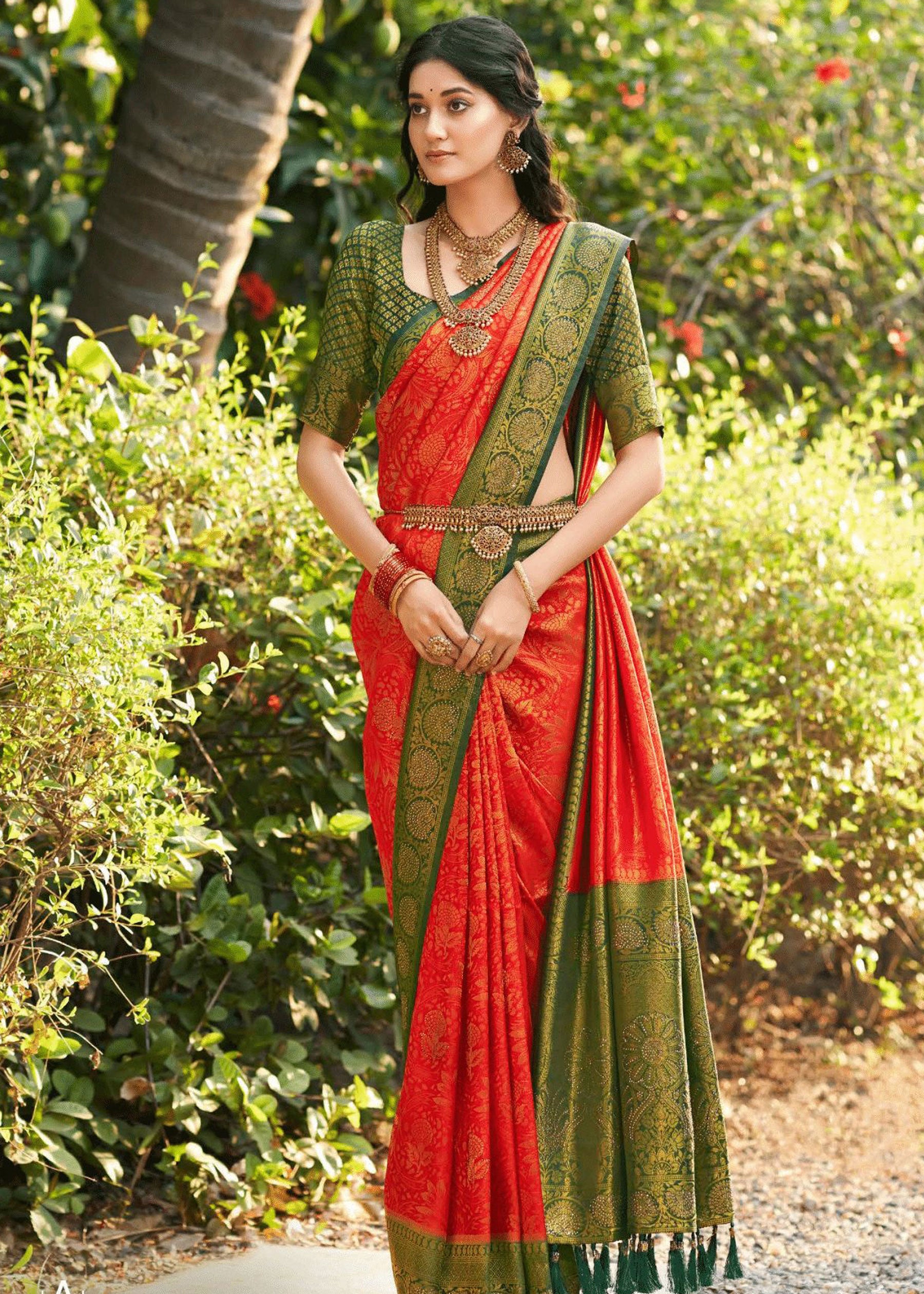 Sworski Work Natural Color Dye Red Banarasi Soft Silk Saree