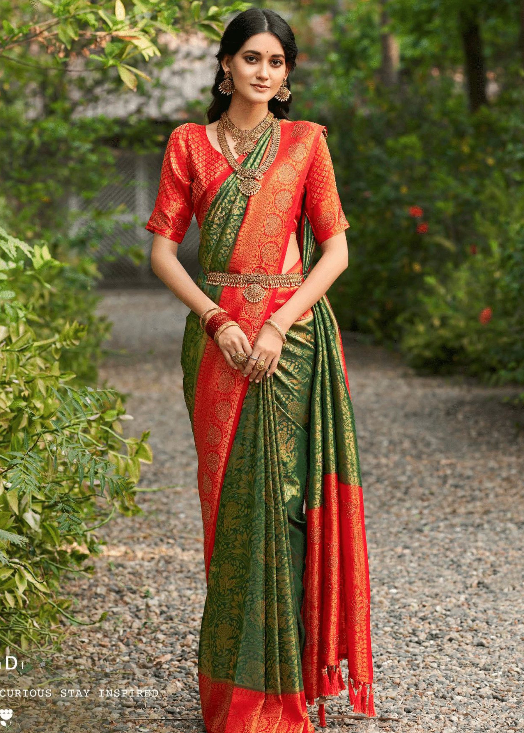 Sworski Work Natural Color Dye Dark Green Banarasi Soft Silk Saree
