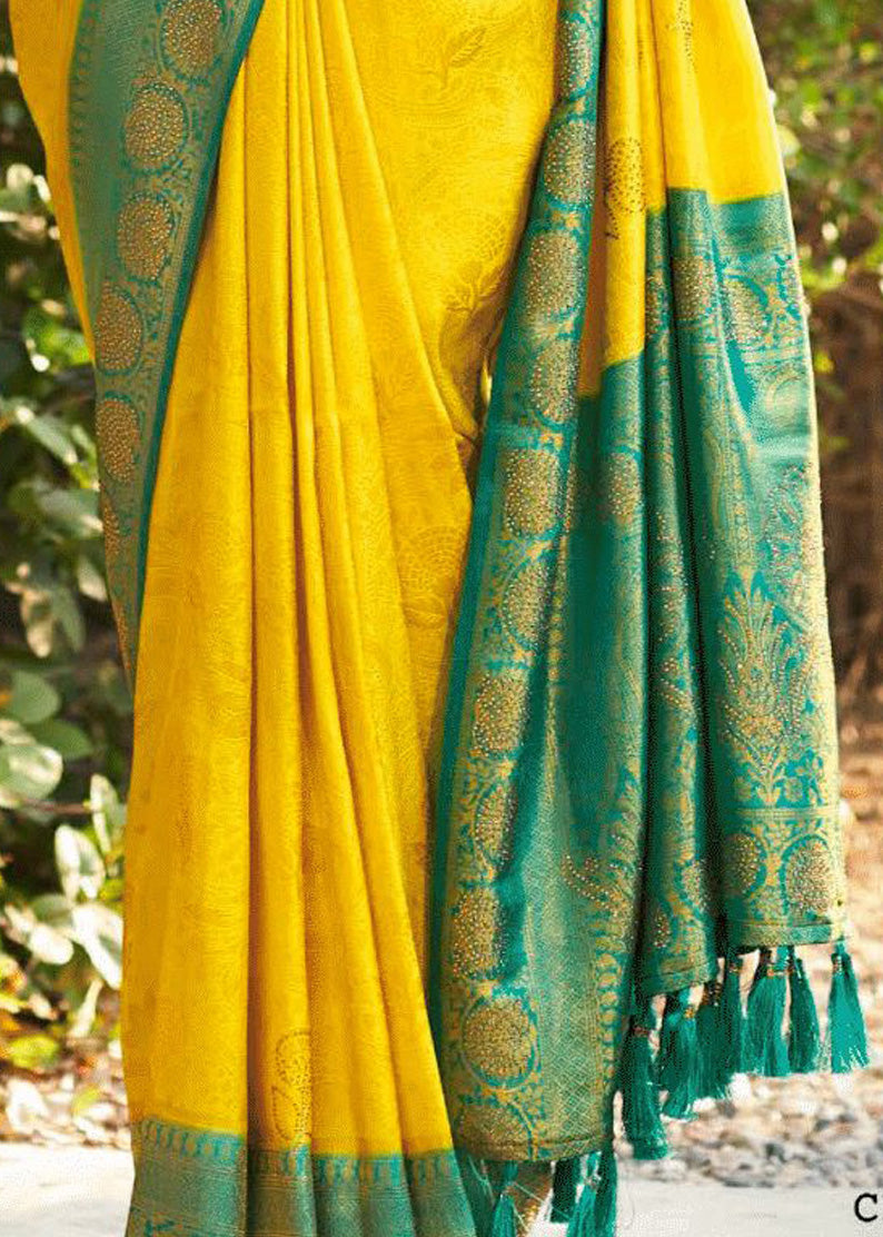 Sworski Work Natural Color Dye Bright Yellow Banarasi Soft Silk Saree