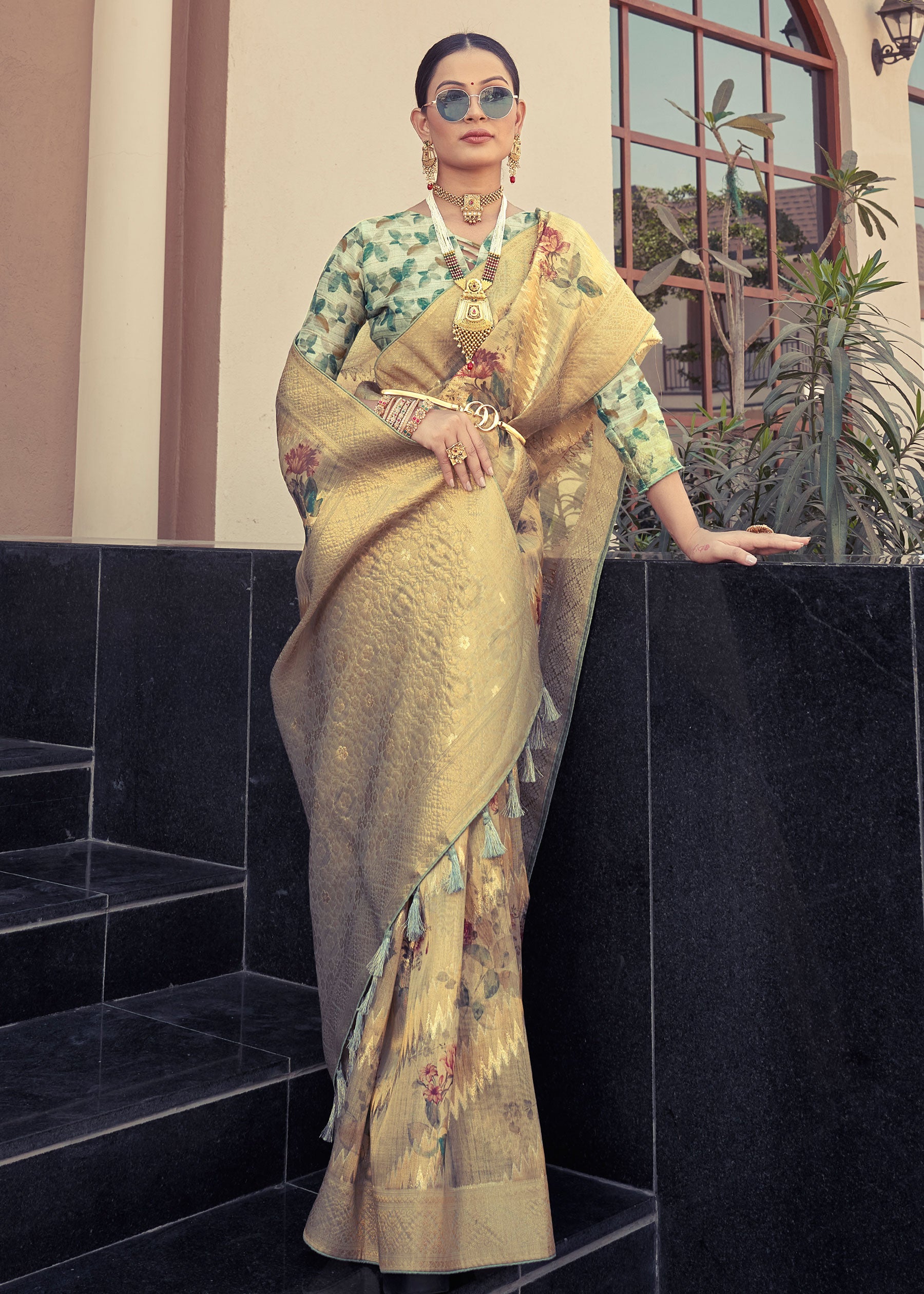 Digital Floral Printed Gold Beige Organza Silk Saree