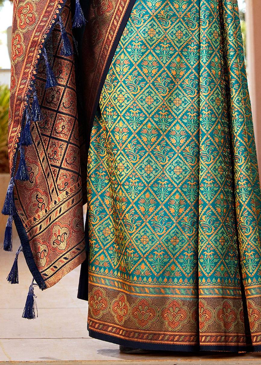 Pure Tanchui Weaving Turquiose Blue Traditional Looking Saree