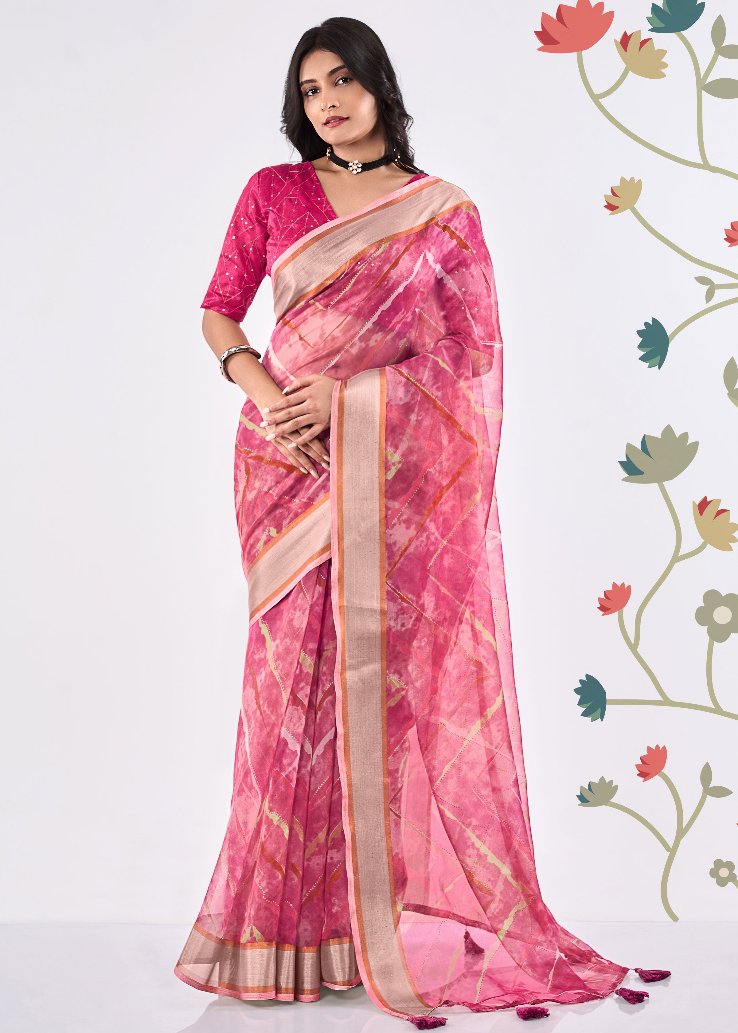 Pure Organza Copper Gold Zari Border Pink Saree With Embroidery Sequins Blouse