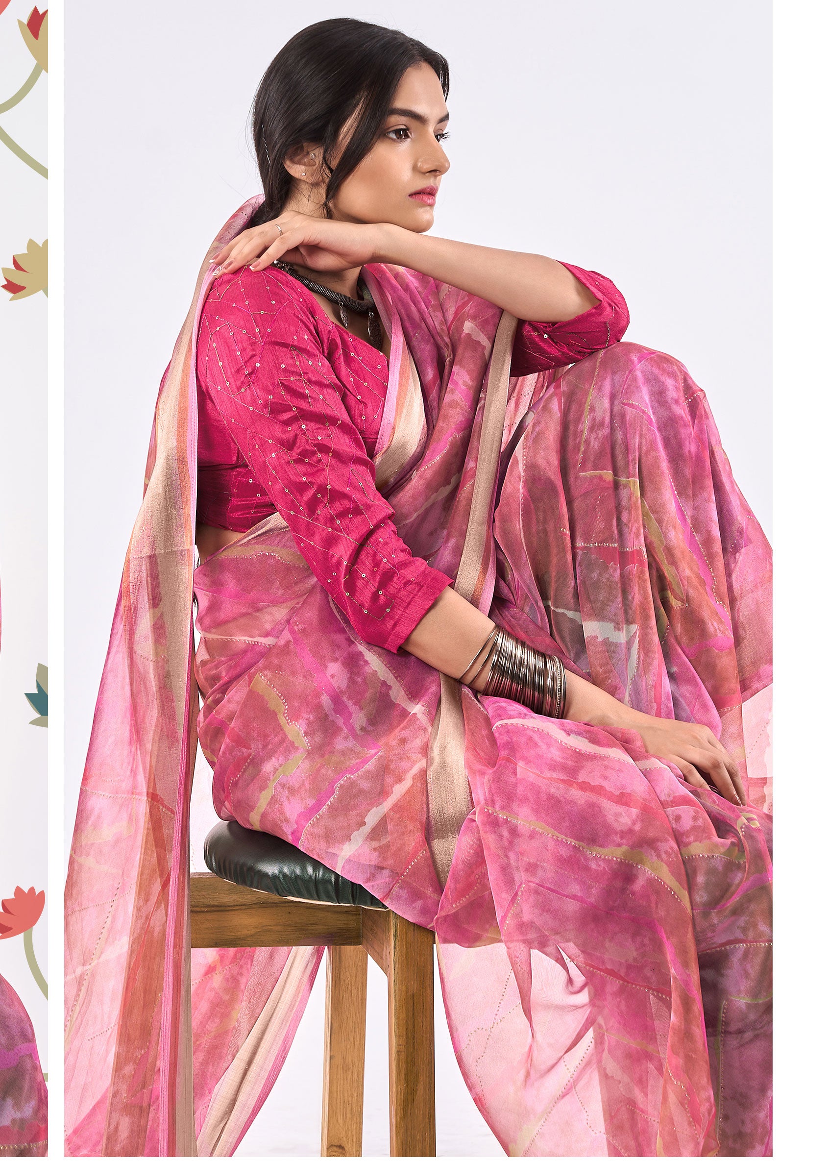Pure Organza Copper Gold Zari Border Pink Saree With Embroidery Sequins Blouse