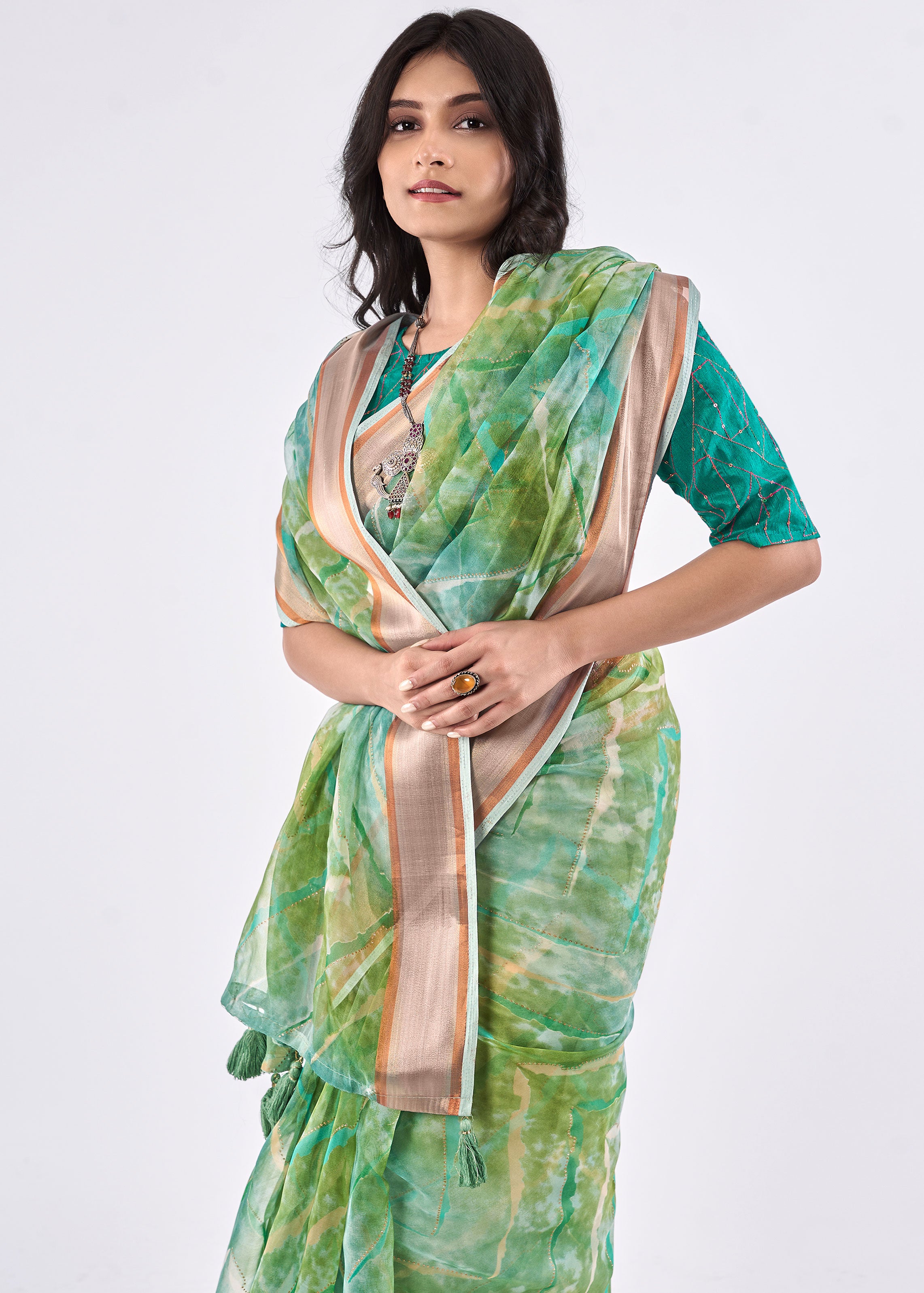 Pure Organza Copper Gold Zari Border Bluish Green Saree With Embroidery Sequins Blouse