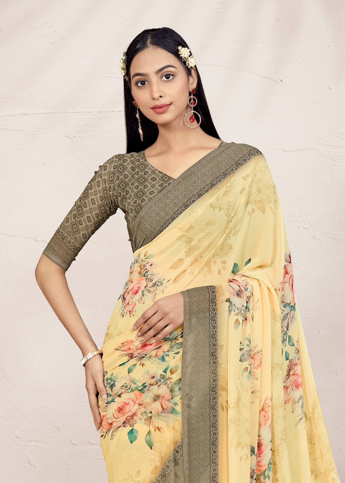 Pure Digital Floral Prints Yellow Weavng Lappet Weightless Georgette Saree