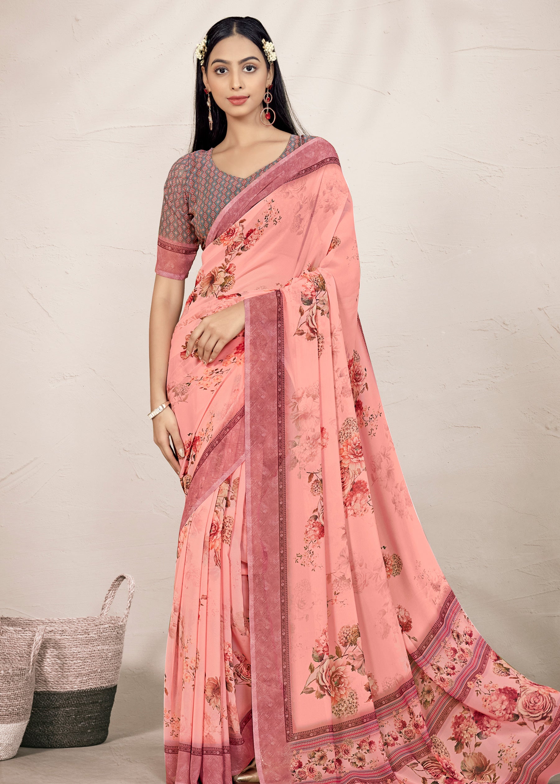 Pure Digital Floral Prints Peach Weavng Lappet Weightless Georgette Saree
