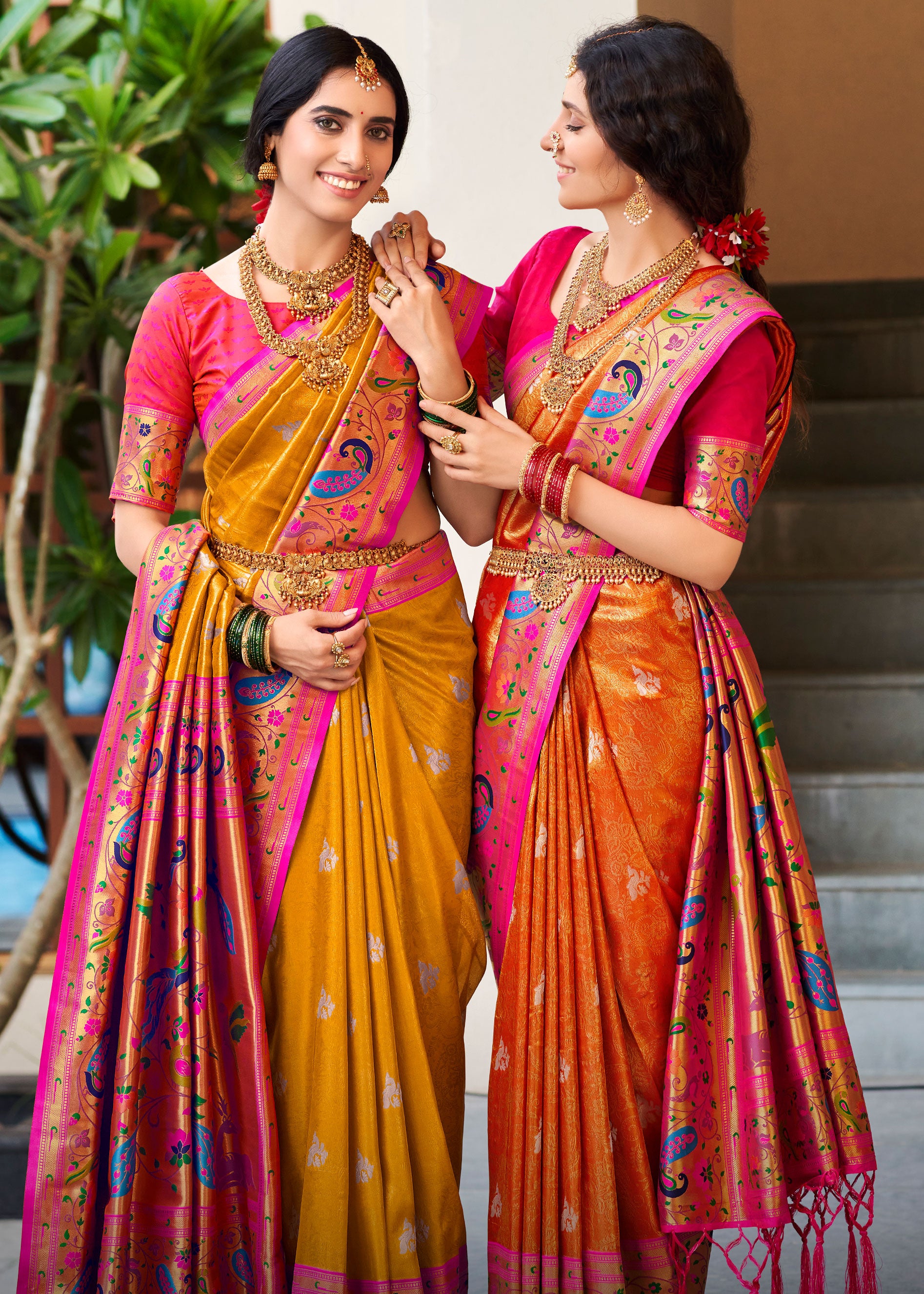 Gold Kanchipuram Silk Orange Paithani Saree