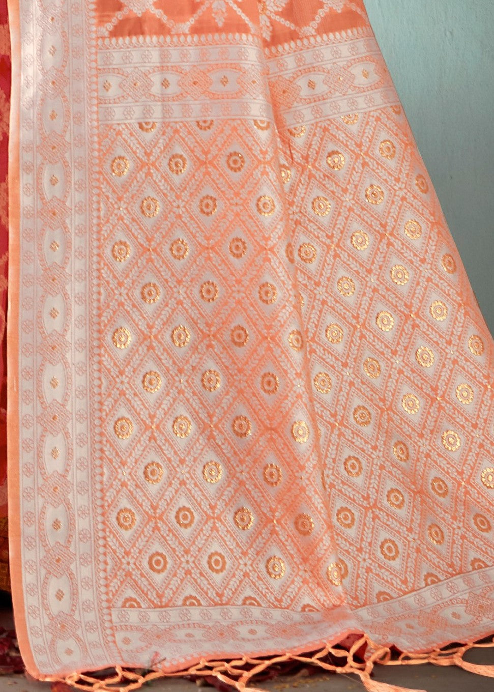 Chikankari Woven Peach Orange Soft Cotton Saree