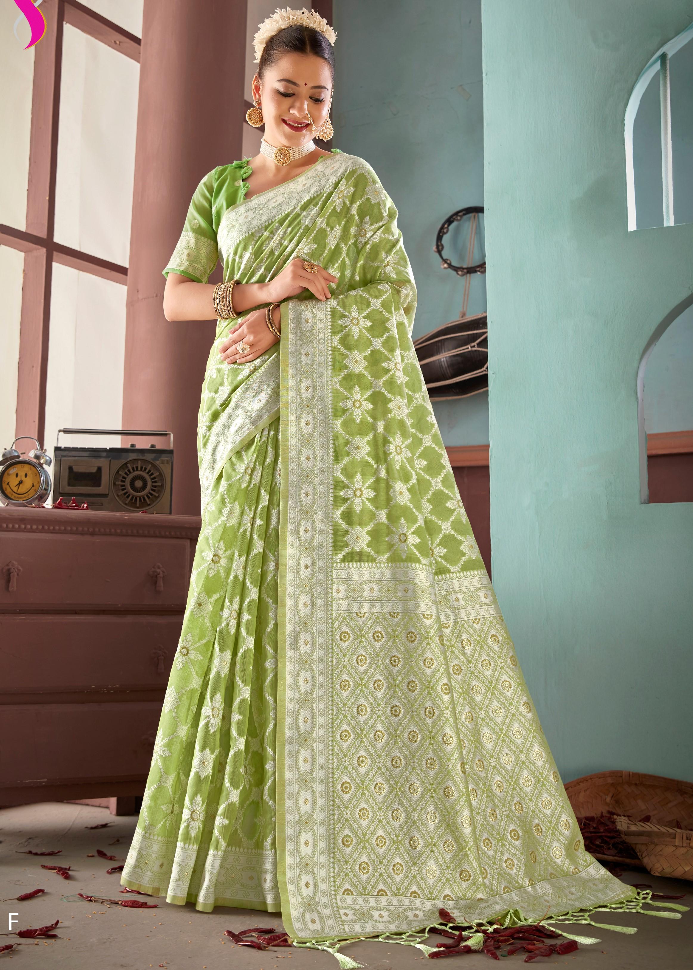 Chikankari Woven Green Soft Cotton Saree