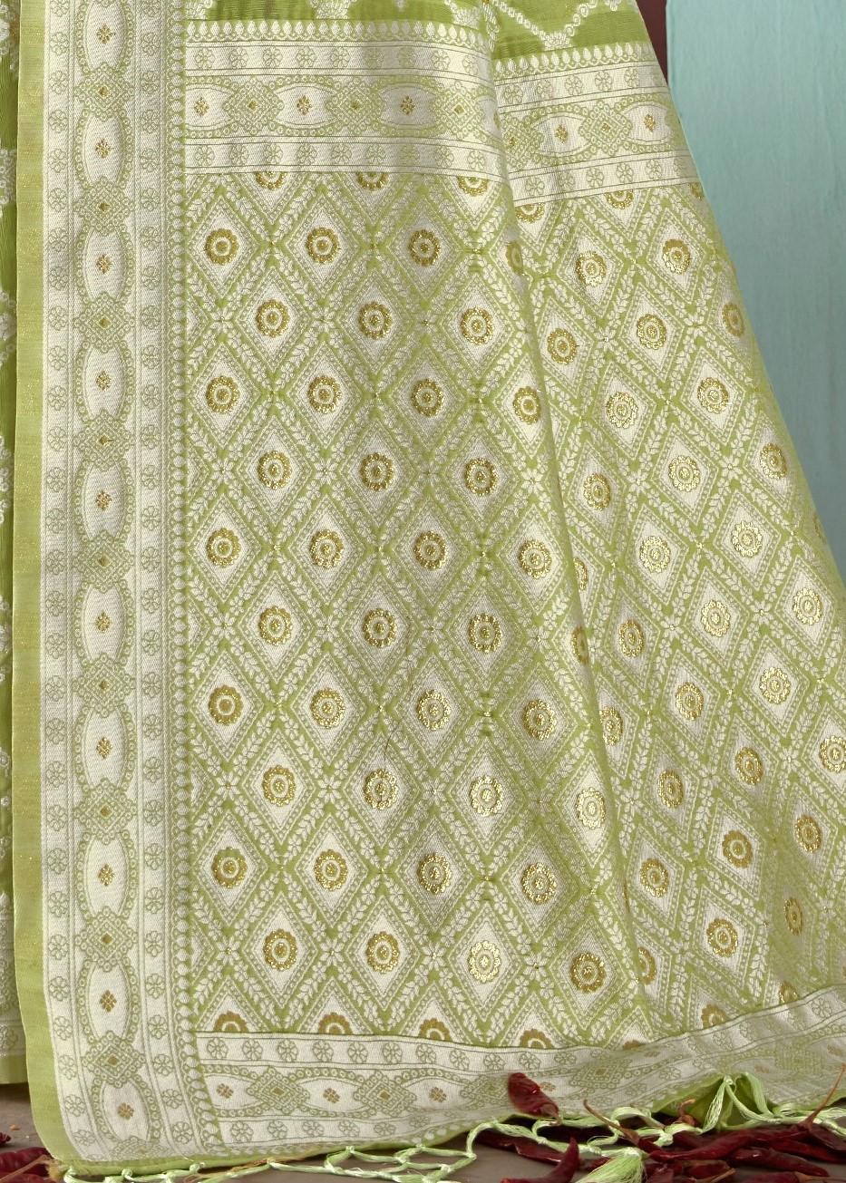 Chikankari Woven Green Soft Cotton Saree