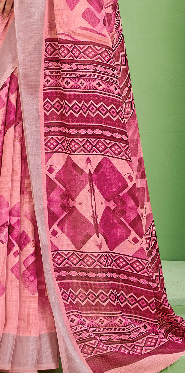 Abstract Geometric Prints Pink Soft Linen Ctoon Saree