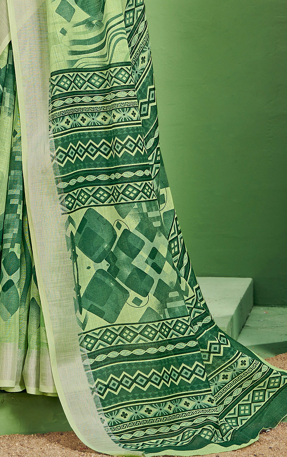 Abstract Geometric Prints Light Green Soft Linen Ctoon Saree