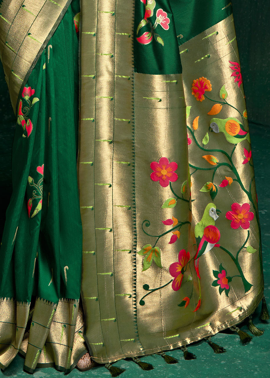 Pure Silk Meena Woven Dark Green Paithani Sare