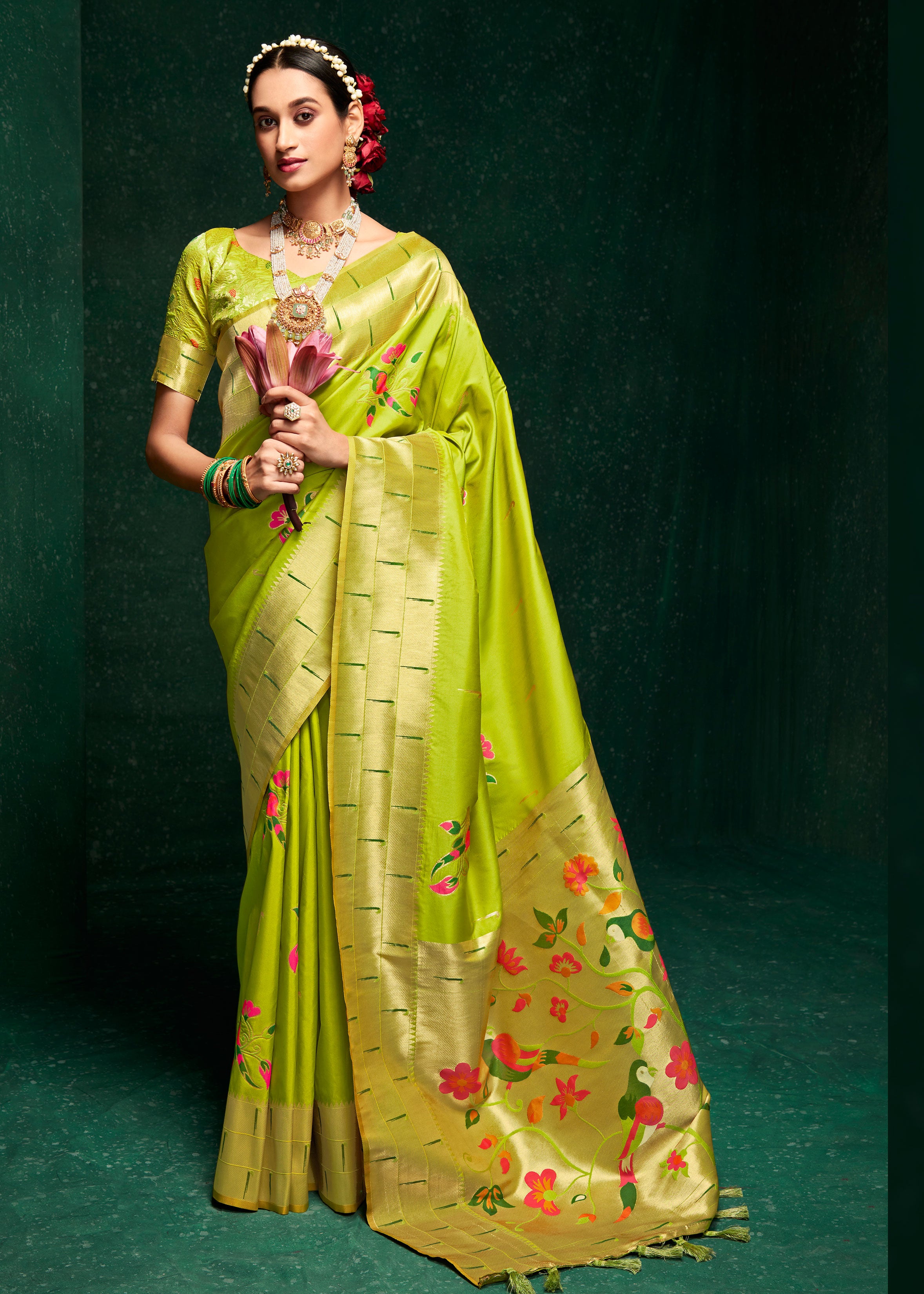 Pure Silk Meena Woven Light Green Paithani Sare