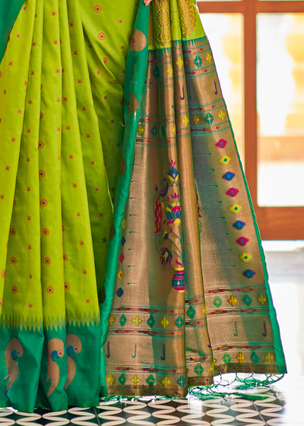 Parrot Green Traditional Woven Saree in Silk with Paithani Border and Pallu