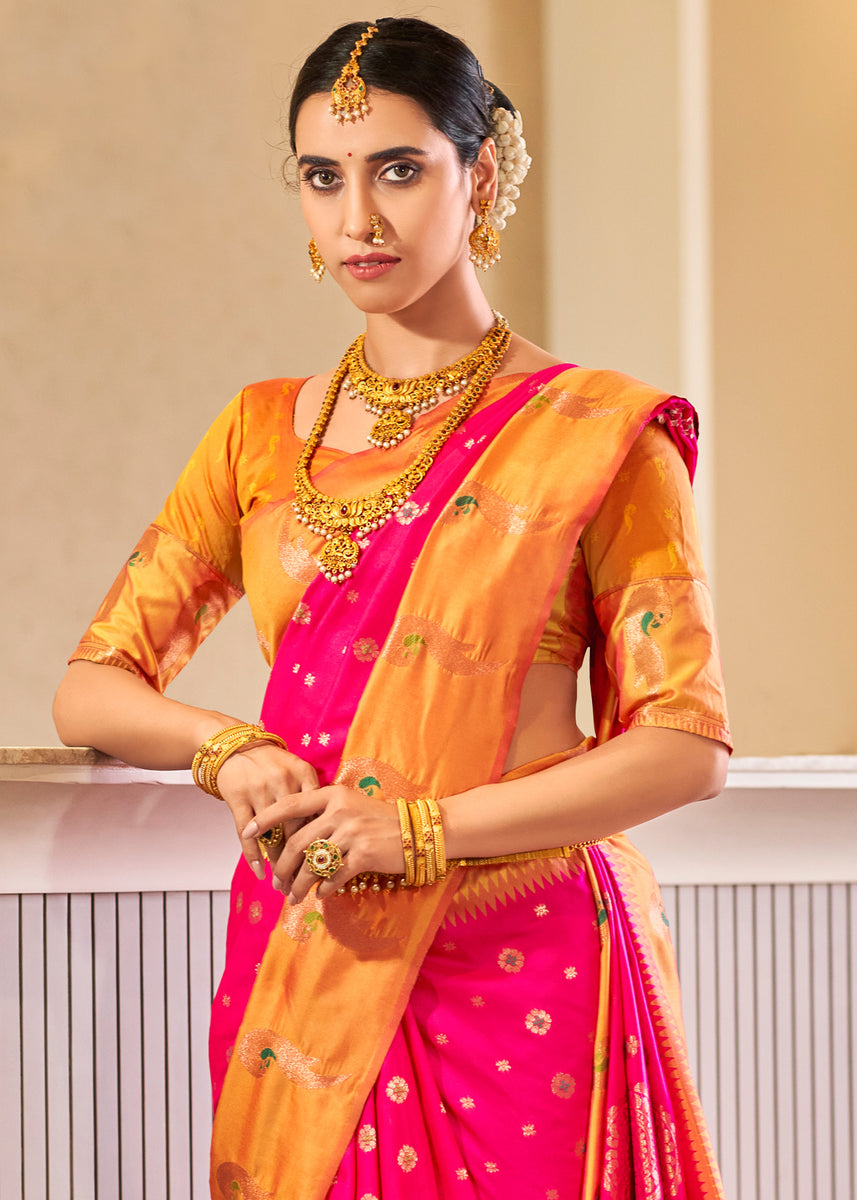 Zari Booti Woven Yeola Paithani Pink Gold Saree – SHANGRILA DESIGNER