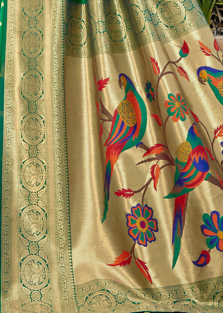 Rich Peacock Motifs Woven Turquiose Green Paithani Silk Saree