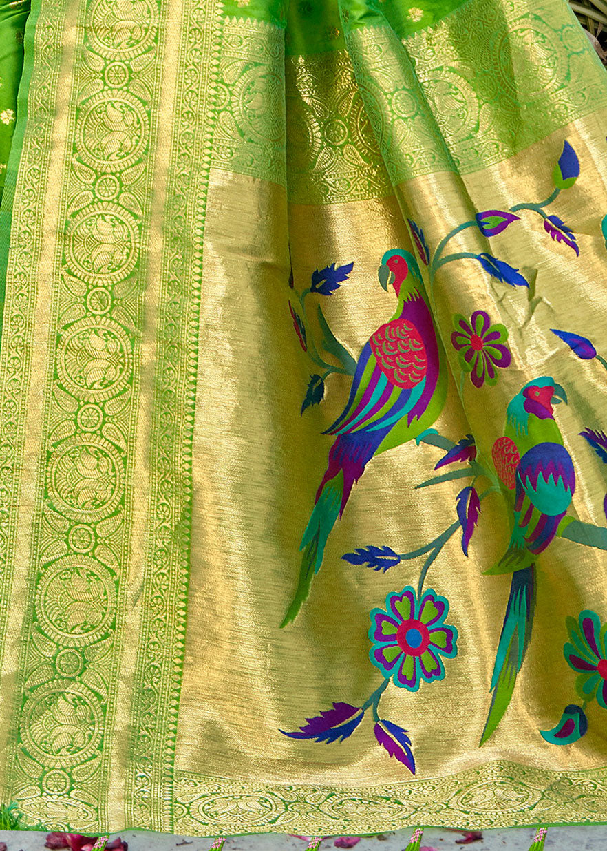Rich Peacock Motifs Woven Light Green Paithani Silk Saree