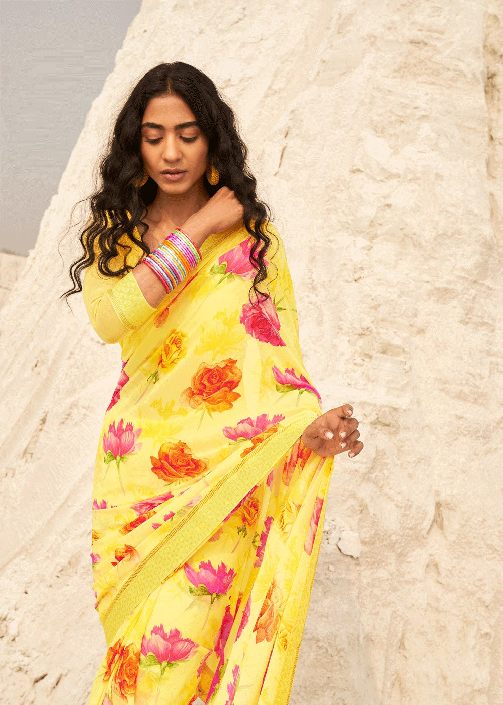 Yellow Print Georgette Silk Saree With Designer Blouse