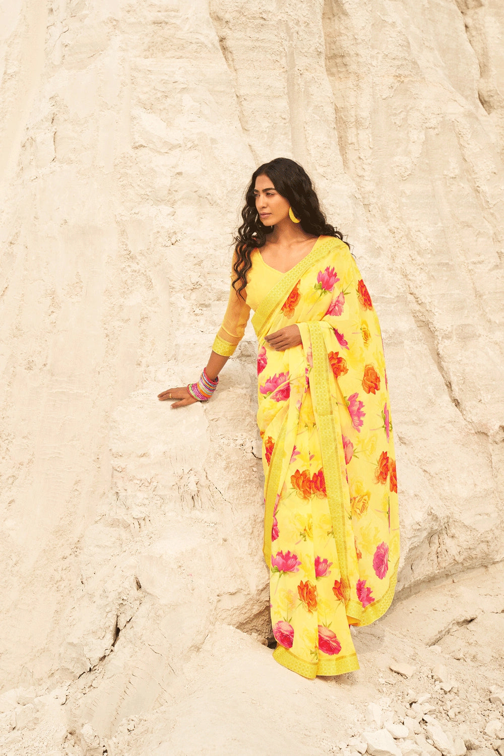 Yellow Print Georgette Silk Saree With Designer Blouse