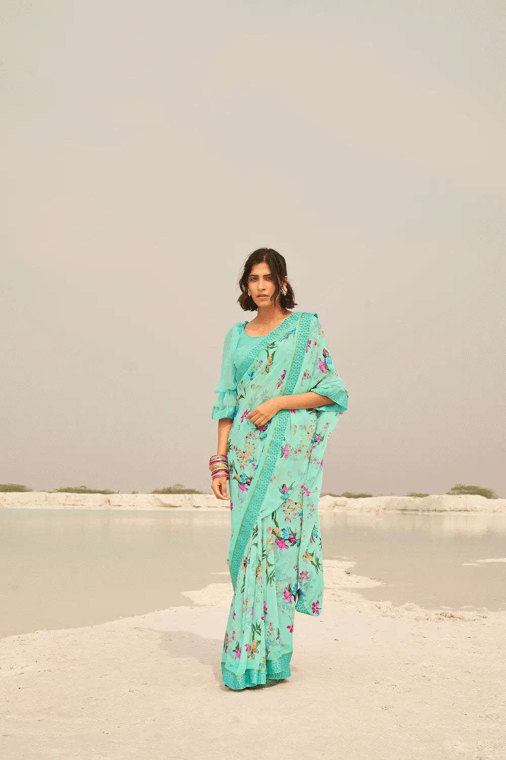 Sea Green Georgette Silk Saree With Designer Blouse