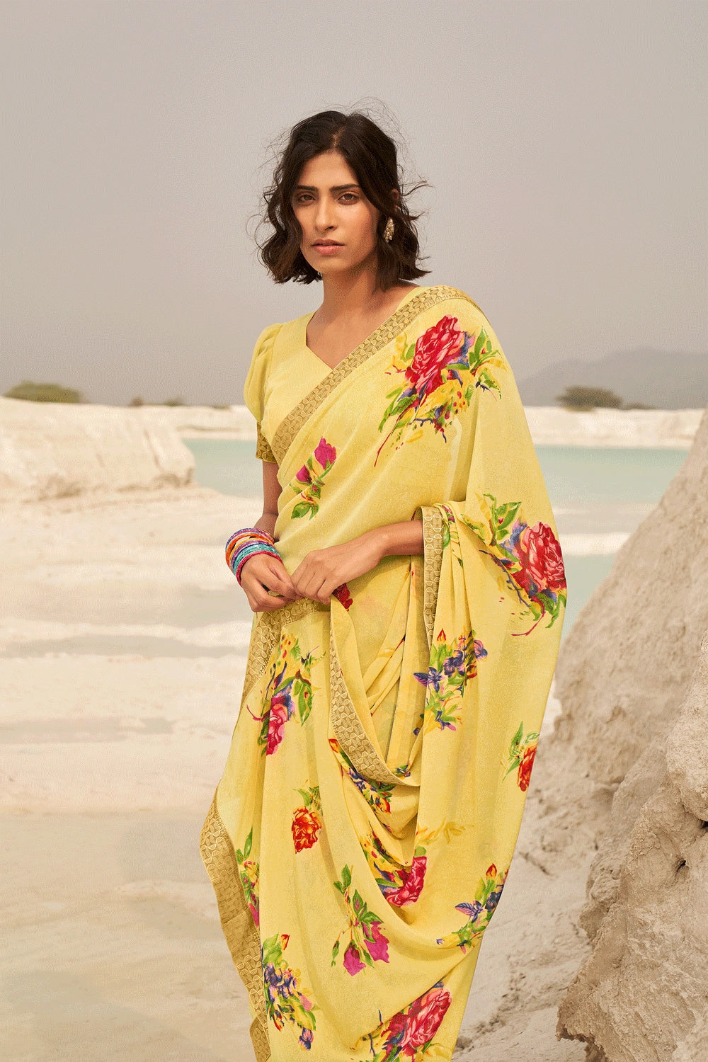 Yellow Print Georgette Silk Saree With Designer Blouse For All Ages OF Women