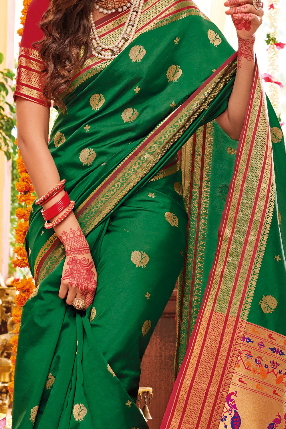Dark Green Woven Paithani Lichi  Silk Saree