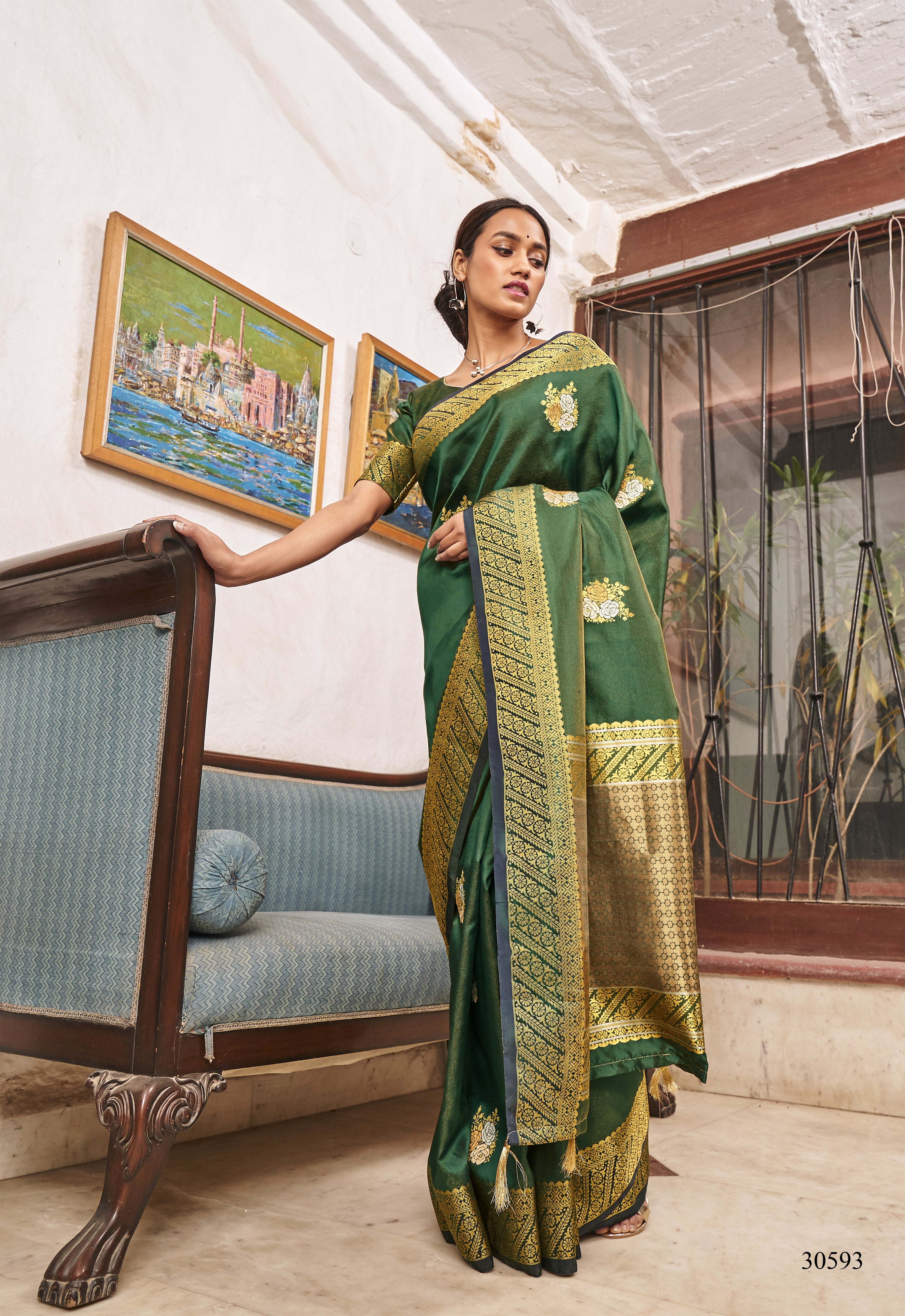 Moss Green Woven Banarasi Silk Saree