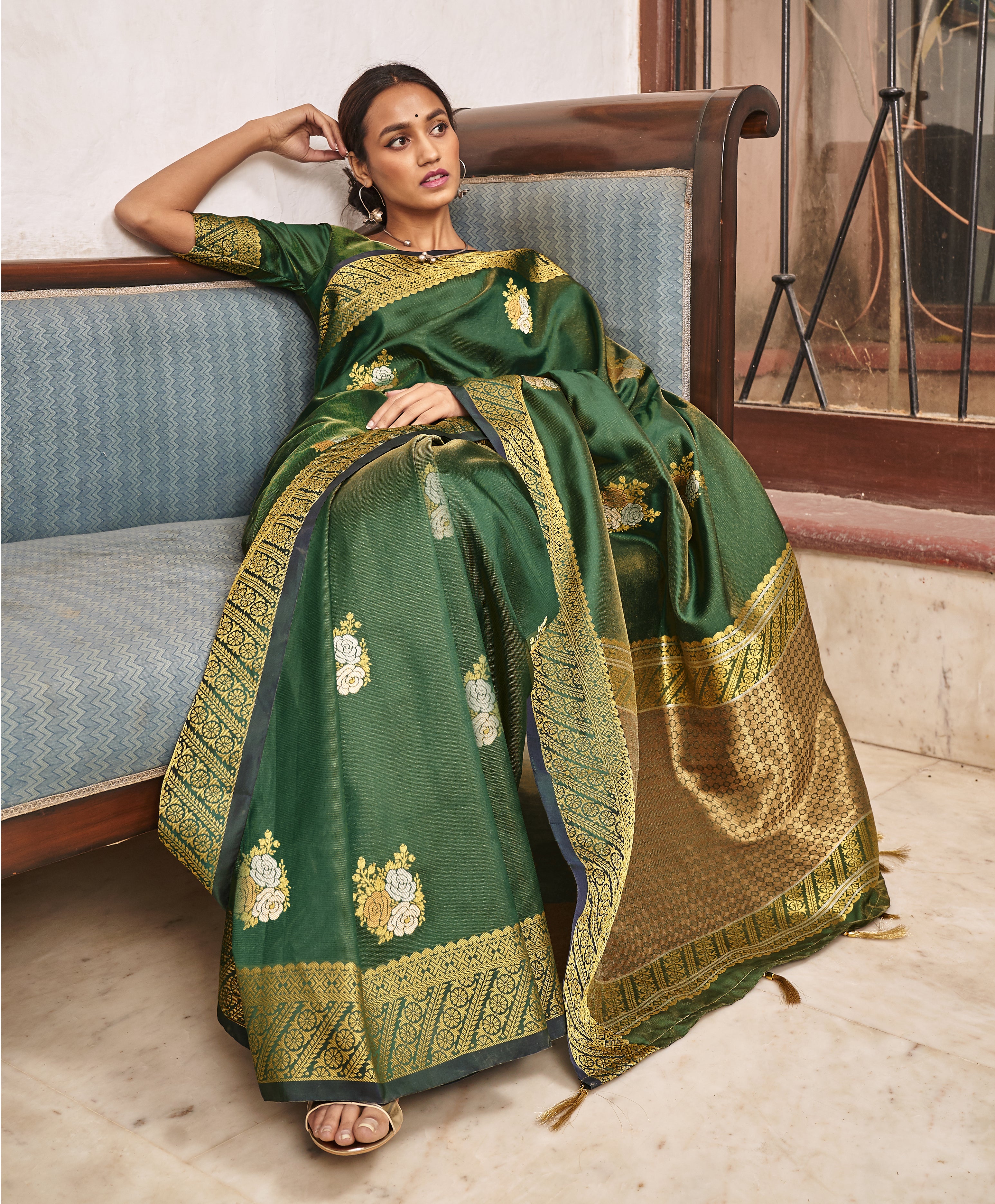 Moss Green Woven Banarasi Silk Saree