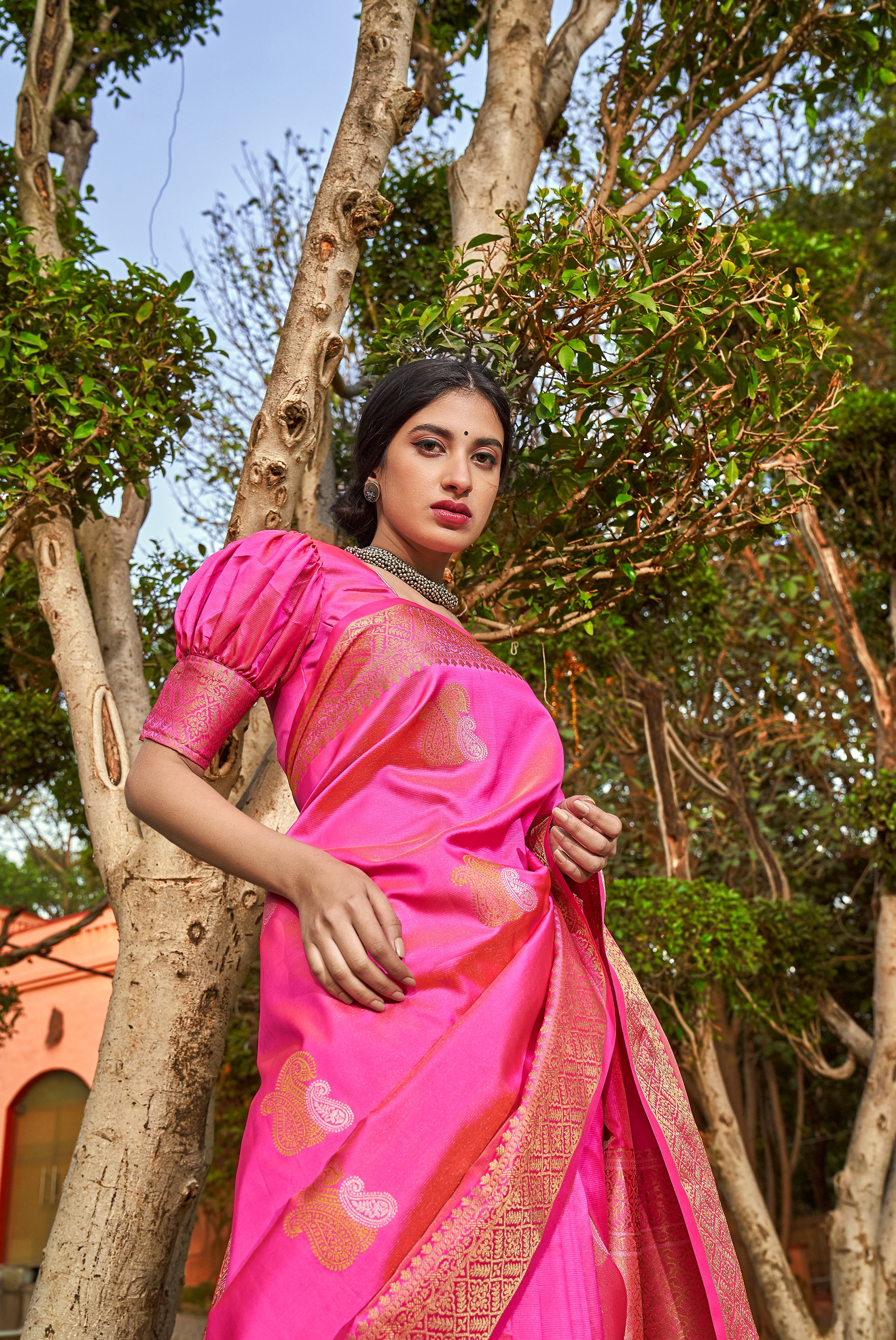Dark Pink Woven Banarasi Silk Saree