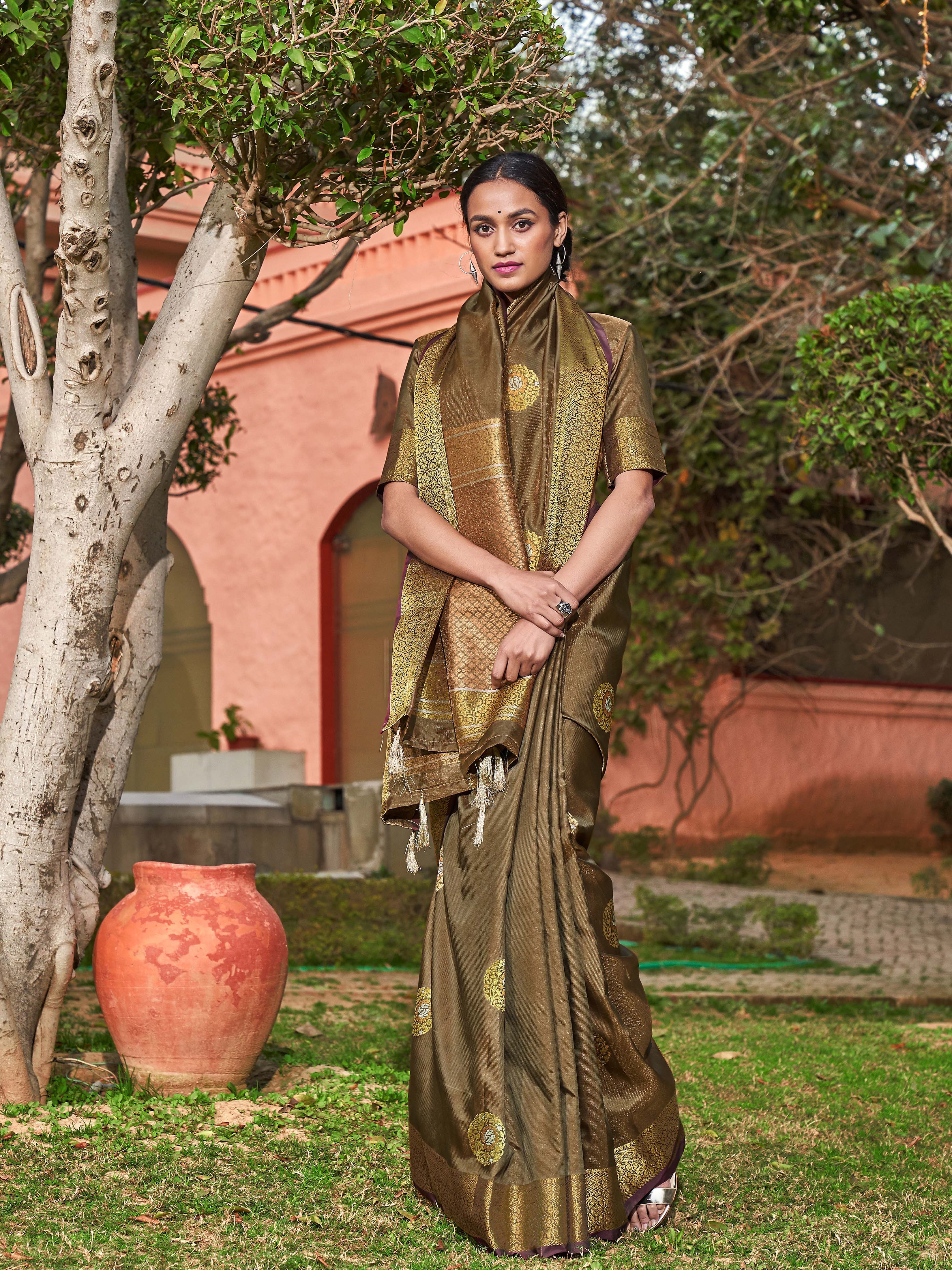 Dark Olive Woven Banarasi Silk Saree