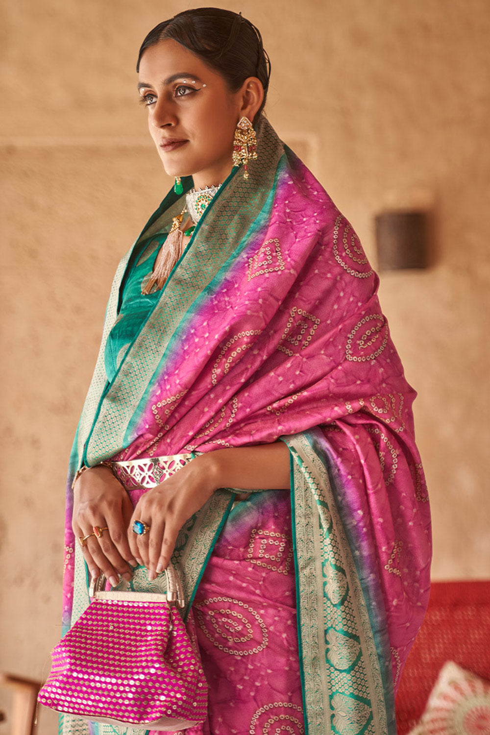 Pink Bandhani Silk Saree with Border