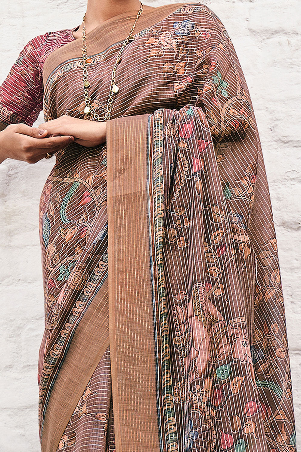 Brown Multicolor Digital Printed Weaving Linen Saree