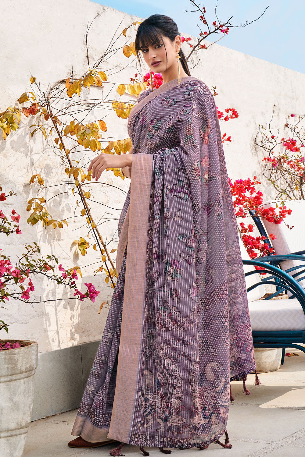 Grape Purple Digital Printed Weaving Linen Saree