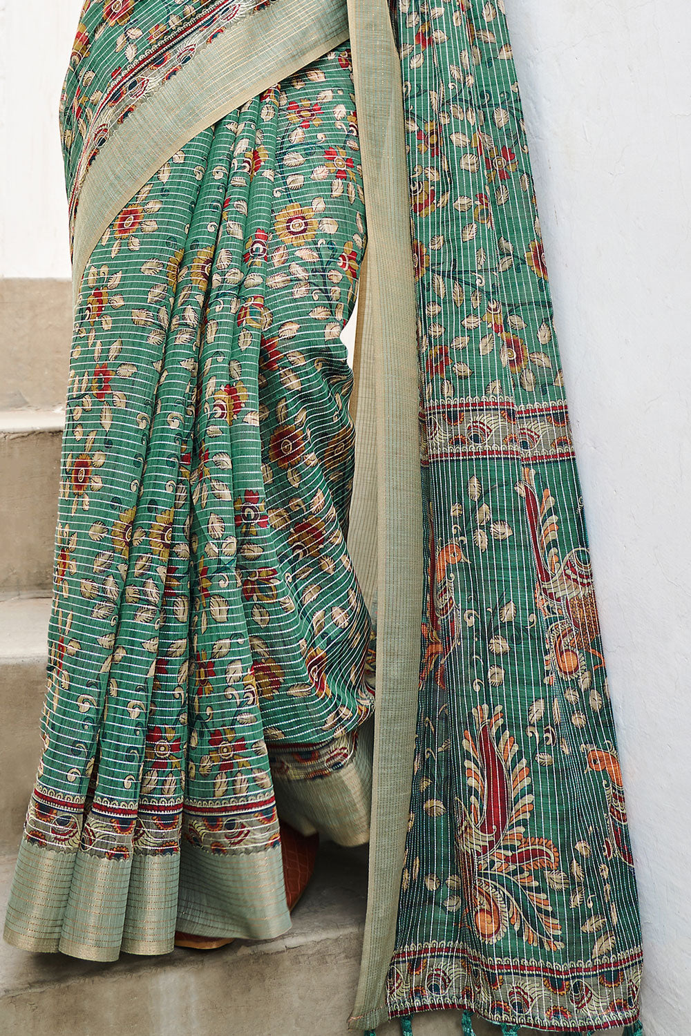 Sea Green Digital Printed Weaving Linen Saree