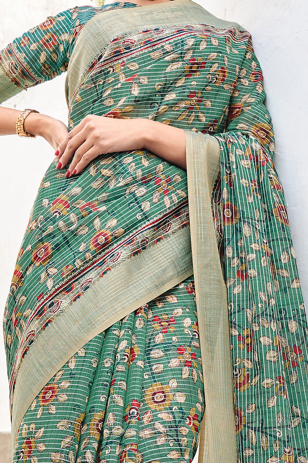 Sea Green Digital Printed Weaving Linen Saree