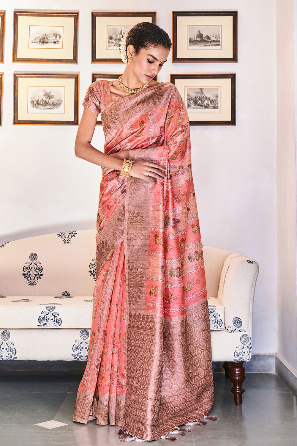 Serene Blush, Floral, Beauty & Musky Print On Peach Tussar Silk,  Multicolour at Rs 603/meter in Delhi
