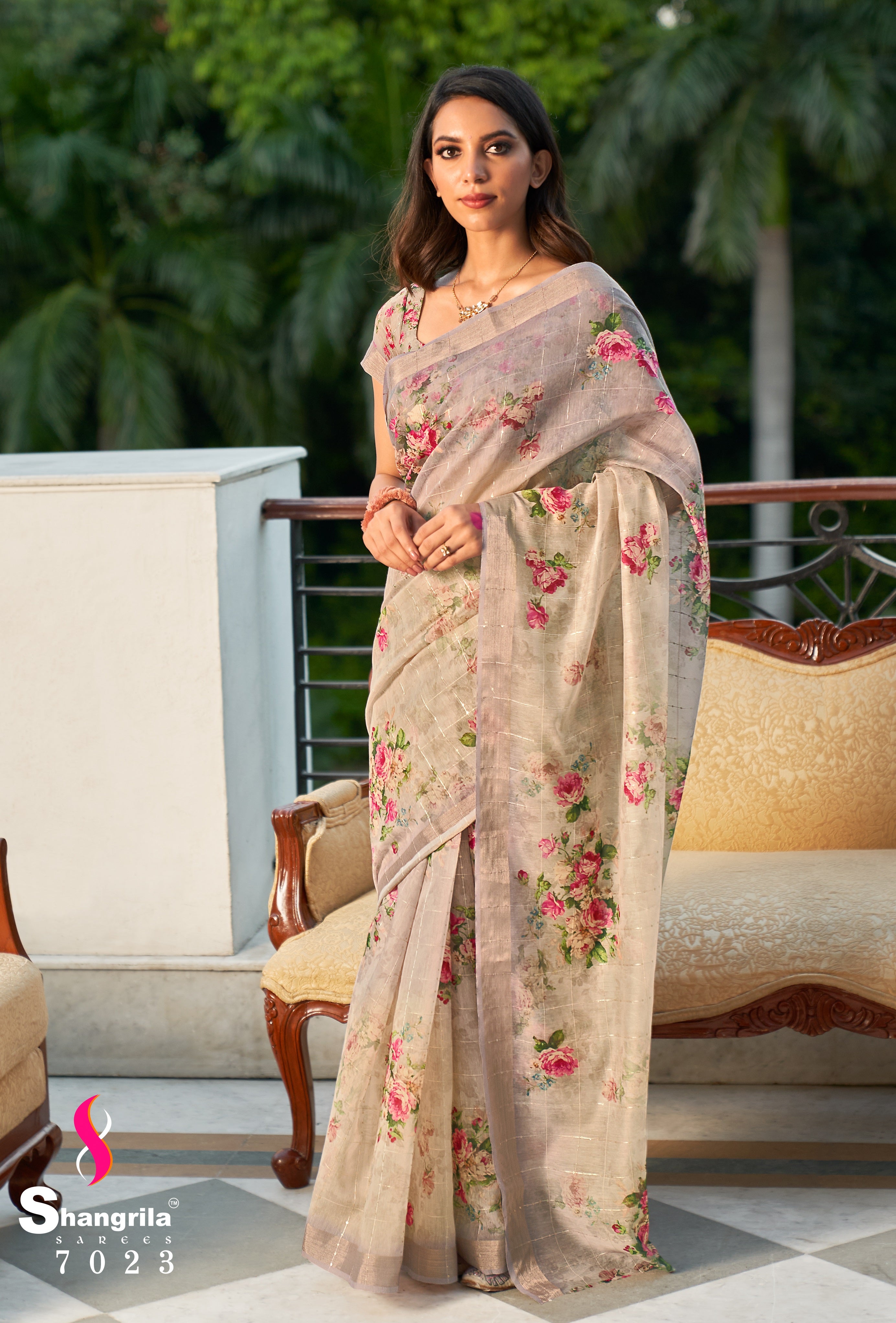 PURPLE  WHIGHT SEQUINS WORK DIGITAL PRINTED PURE LINEN SAREE