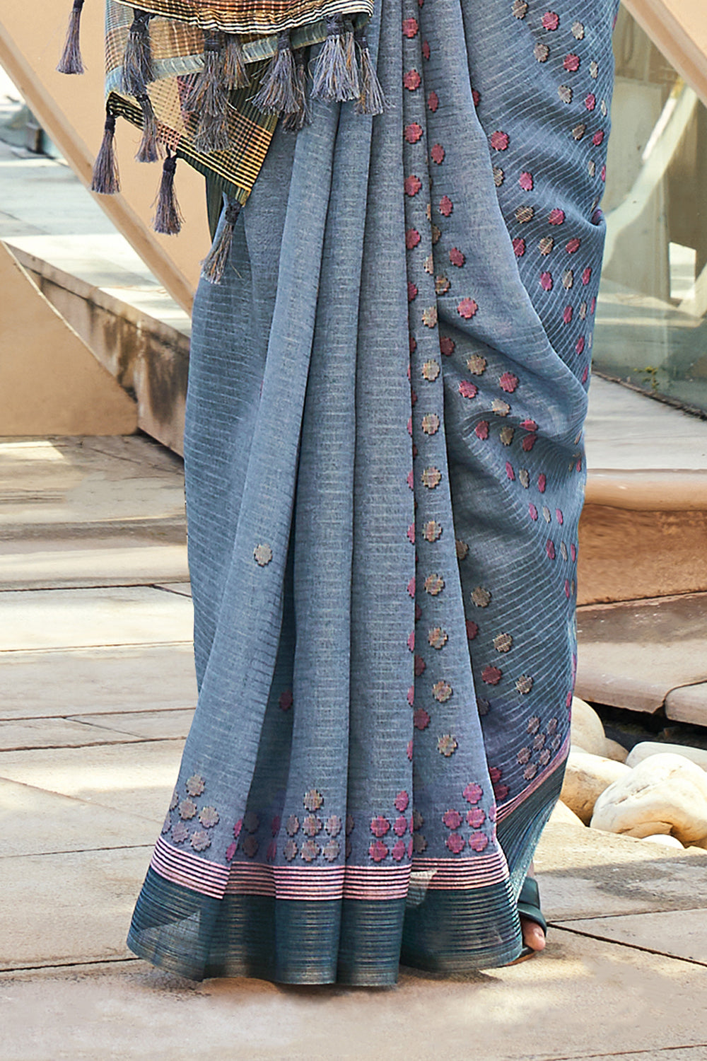 Silver Blue Printed Cotton Silk Saree By Shangrila Designer Saree